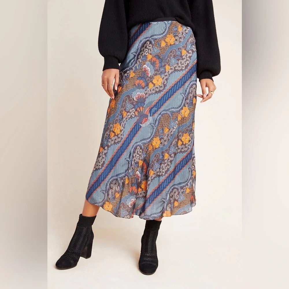 Anthropologie Tanvi Kedia Sandrine Bias Midi Skirt Size‎ 0 Blue Orange